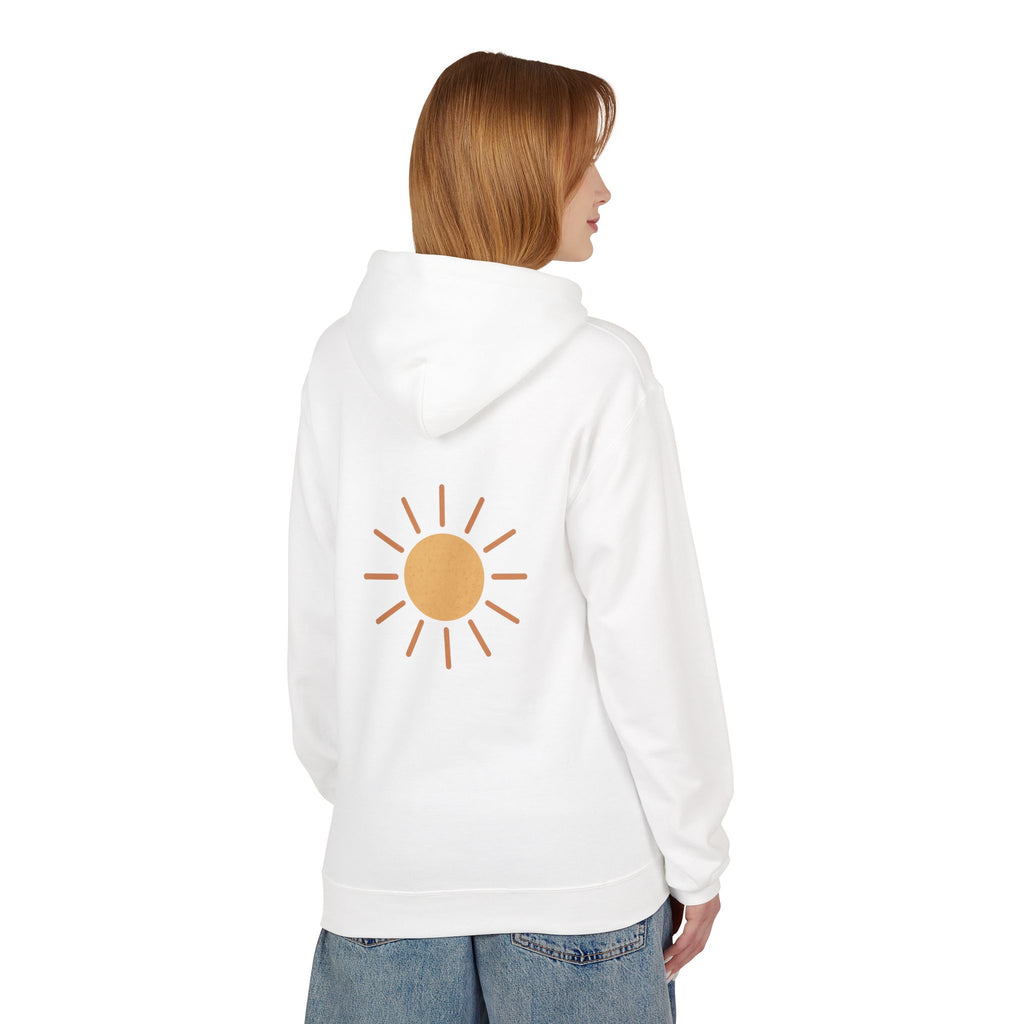 Light & Joy Fleece Hoodie with Sun Design, Perfect for Summer Days, Gift for Friends, Casual Wear, Outdoor Activities