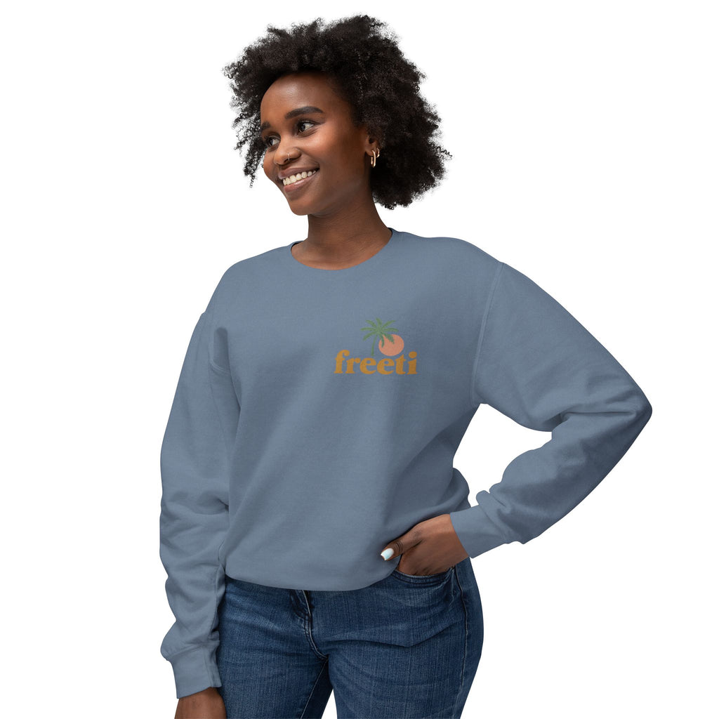 Tropical 'Freeti' Unisex Crewneck Sweatshirt, Lightweight Casual Wear, Summer Vibes, Gift for Her/Him, Cozy Lounge Top